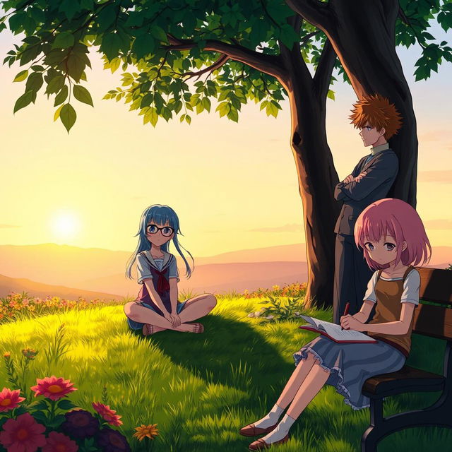 A group of anime characters in a serene and contemplative setting, deeply lost in their thoughts