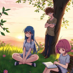 A group of anime characters in a serene and contemplative setting, deeply lost in their thoughts