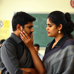 A 30-year-old beautiful Indian school teacher, looking angrily at a young man in a school uniform