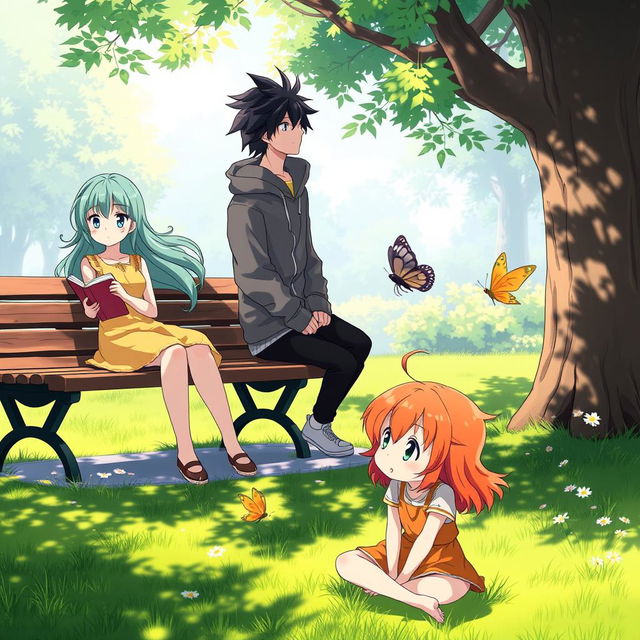 A group of anime characters in a peaceful park, each lost in their own thoughts