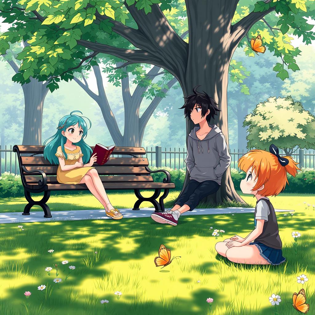 A group of anime characters in a peaceful park, each lost in their own thoughts