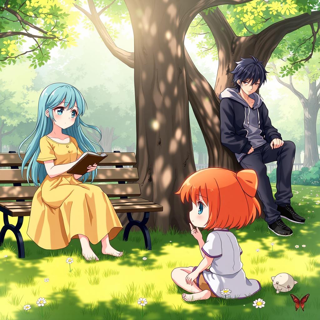 A group of anime characters in a peaceful park, each lost in their own thoughts