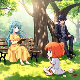 A group of anime characters in a peaceful park, each lost in their own thoughts