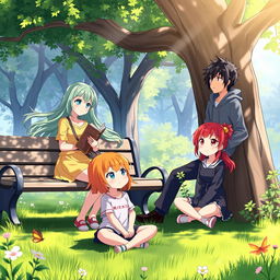 A group of anime characters in a peaceful park, each lost in their own thoughts