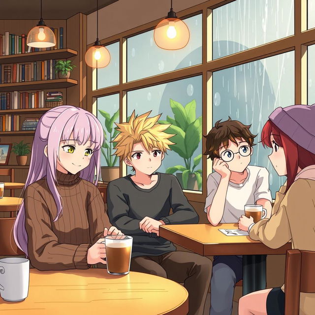 A scene depicting a diverse group of anime characters lost in thought in a cozy café setting