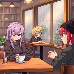 A scene depicting a diverse group of anime characters lost in thought in a cozy café setting