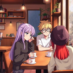 A scene depicting a diverse group of anime characters lost in thought in a cozy café setting