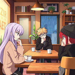 A scene depicting a diverse group of anime characters lost in thought in a cozy café setting