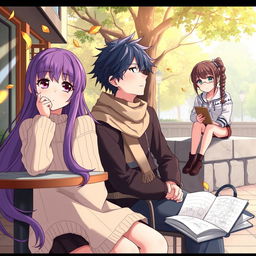 A tranquil scene of anime characters engaging in deep thought amid a peaceful urban landscape