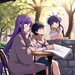 A tranquil scene of anime characters engaging in deep thought amid a peaceful urban landscape