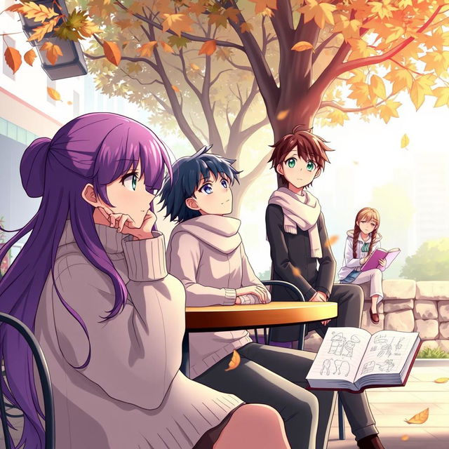 A tranquil scene of anime characters engaging in deep thought amid a peaceful urban landscape