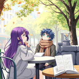 A tranquil scene of anime characters engaging in deep thought amid a peaceful urban landscape