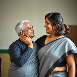 A beautiful 40-year-old Indian school teacher with a radiant smile, interacting with a young man in a school uniform