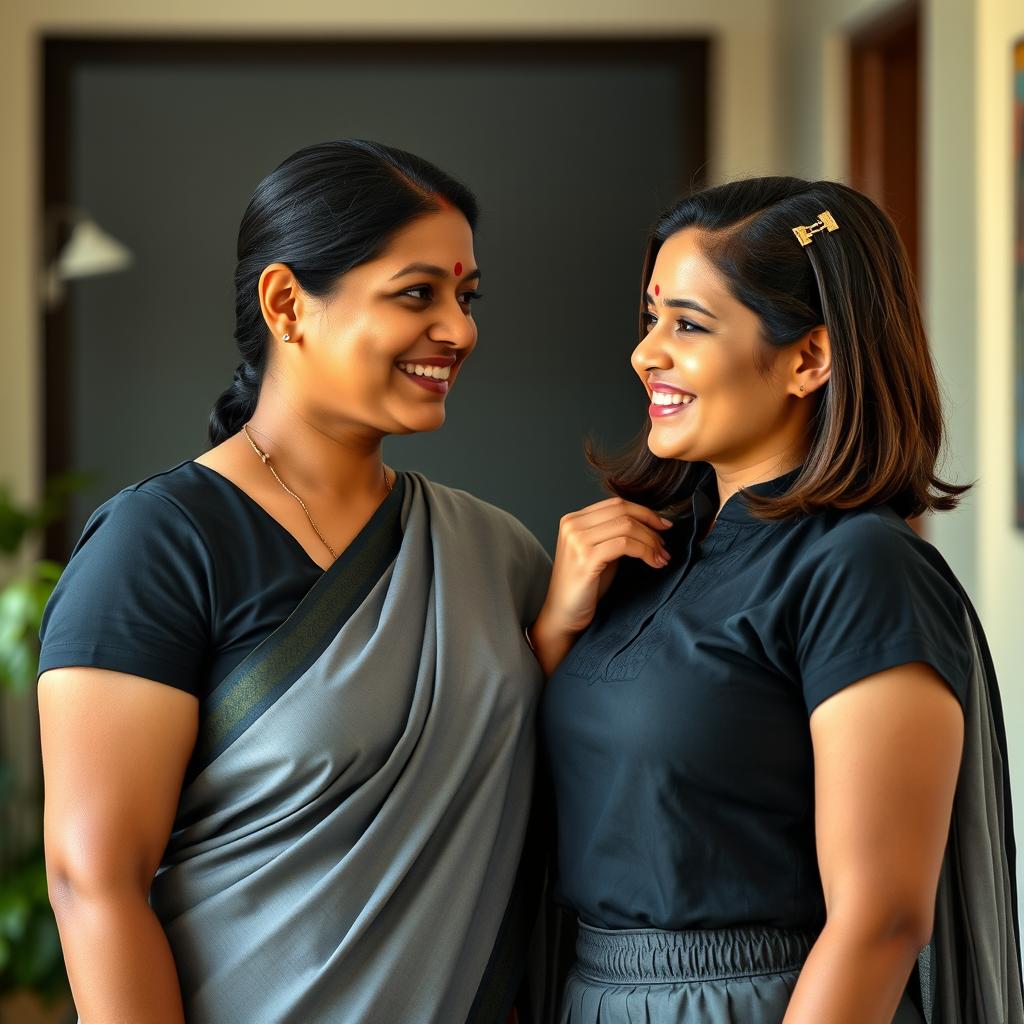 A beautiful 40-year-old Indian school teacher with a radiant smile, interacting with a young man in a school uniform