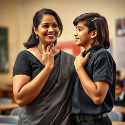 A beautiful 40-year-old Indian school teacher with a warm smile, interacting with a young man in a school uniform