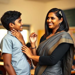 A beautiful 40-year-old Indian school teacher with a warm smile, interacting with a young man in a school uniform