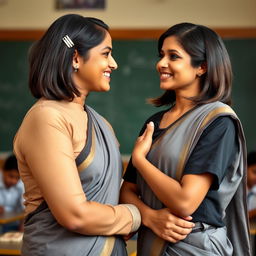 A beautiful 40-year-old Indian school teacher with a warm smile, interacting with a young man in a school uniform