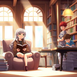 A contemplative scene featuring anime characters deep in thought in a serene library setting