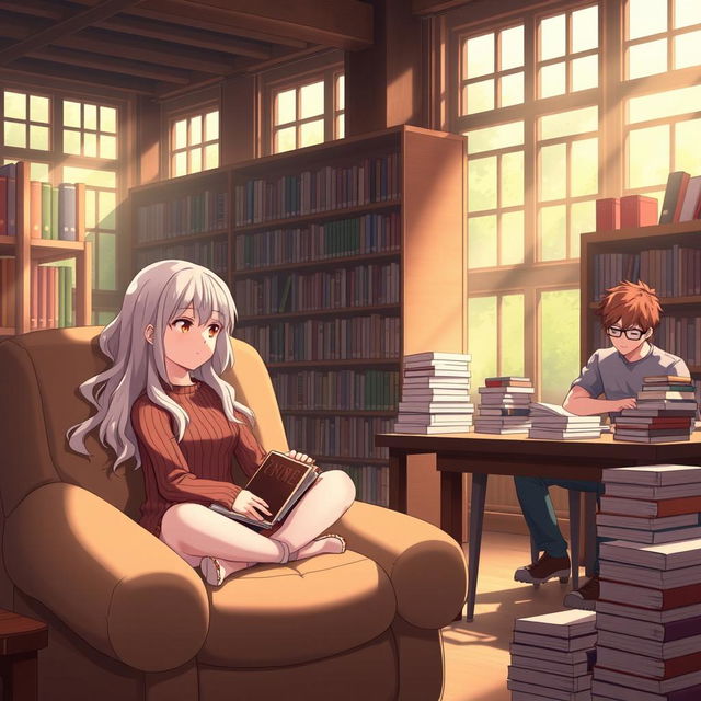 A contemplative scene featuring anime characters deep in thought in a serene library setting