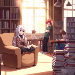 A contemplative scene featuring anime characters deep in thought in a serene library setting