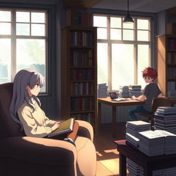 A contemplative scene featuring anime characters deep in thought in a serene library setting