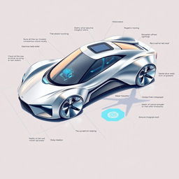 A detailed blueprint of a sleek, futuristic car showcasing innovative design features