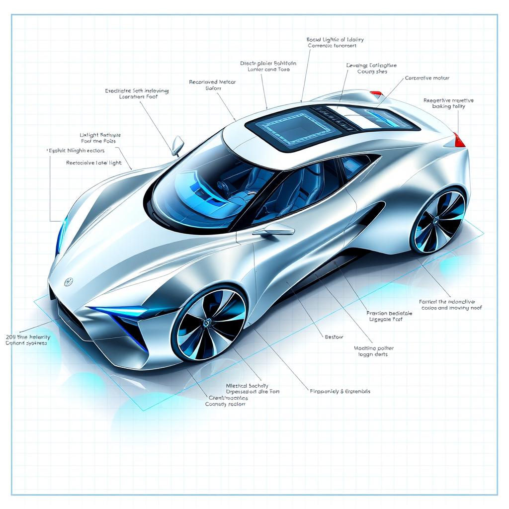 A detailed blueprint of a sleek, futuristic car showcasing innovative design features