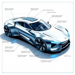 A detailed blueprint of a sleek, futuristic car showcasing innovative design features