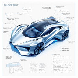 A detailed blueprint of a sleek, futuristic car showcasing innovative design features