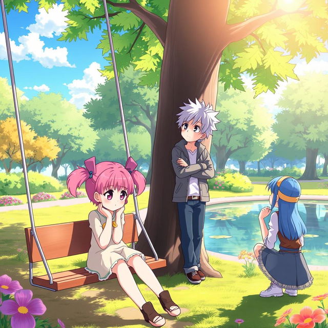 A whimsical scene of anime characters engaging in deep thinking in a bright, colorful park