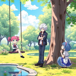 A whimsical scene of anime characters engaging in deep thinking in a bright, colorful park