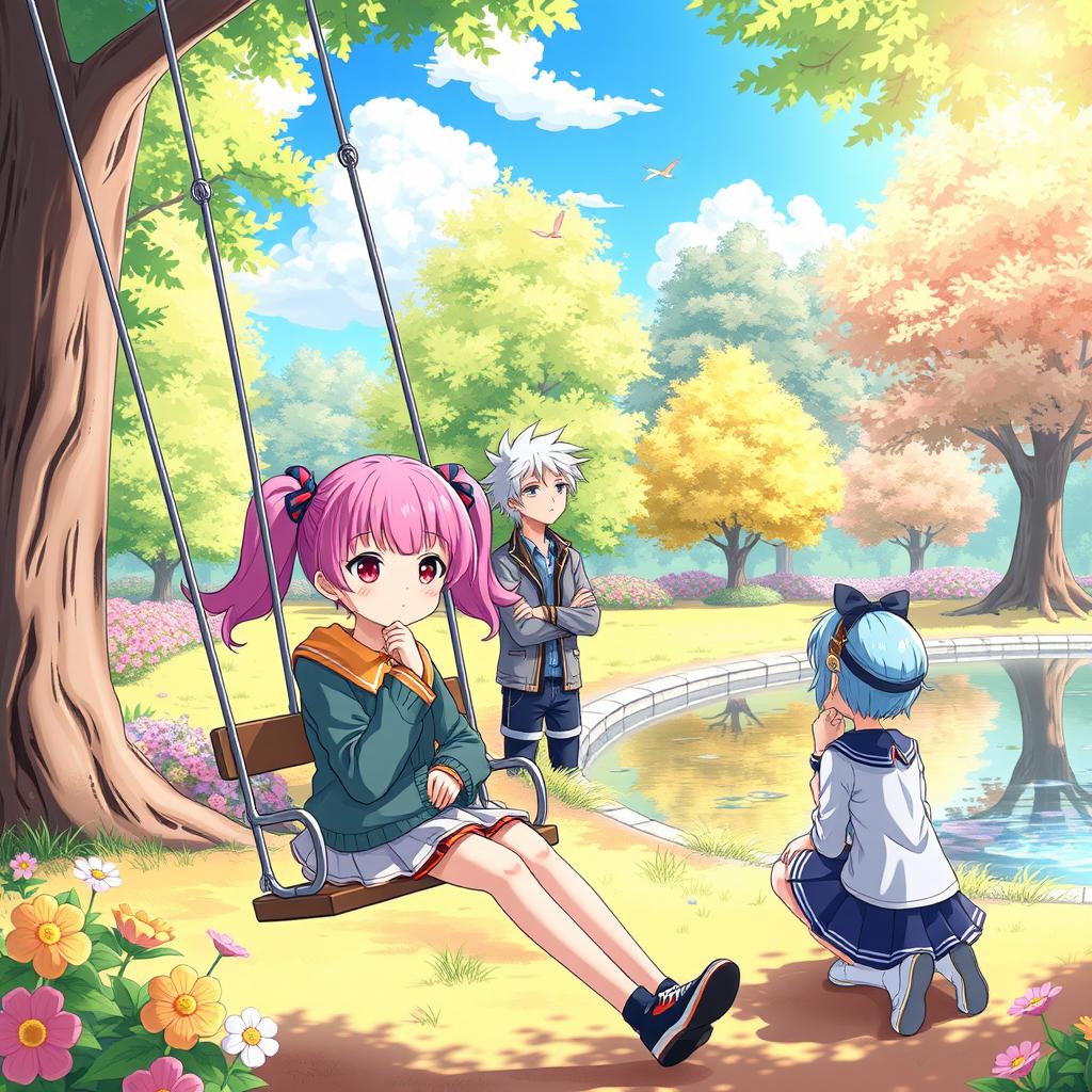 A whimsical scene of anime characters engaging in deep thinking in a bright, colorful park