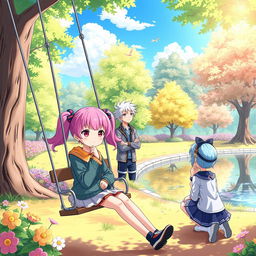 A whimsical scene of anime characters engaging in deep thinking in a bright, colorful park
