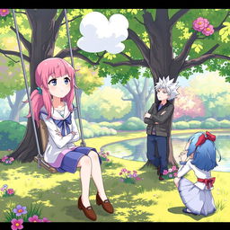 A whimsical scene of anime characters engaging in deep thinking in a bright, colorful park