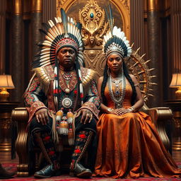 A majestic scene featuring a plus-size beautiful Black Native American king and queen sitting together on a magnificent throne
