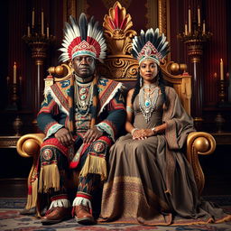 A majestic scene featuring a plus-size beautiful Black Native American king and queen sitting together on a magnificent throne