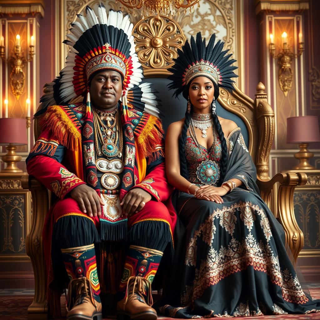 A majestic scene featuring a plus-size beautiful Black Native American king and queen sitting together on a magnificent throne