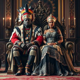 A majestic scene featuring a plus-size beautiful Black Native American king and queen sitting together on a magnificent throne