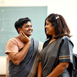 A beautiful 40-year-old Indian school teacher smiling warmly at a young man in a school uniform