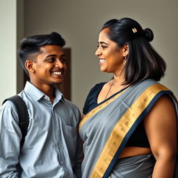 A beautiful 40-year-old Indian school teacher smiling warmly at a young man in a school uniform