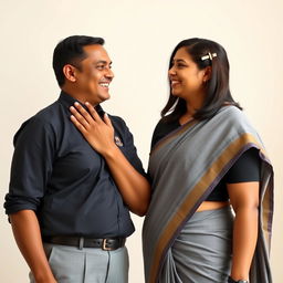 A beautiful 40-year-old Indian school teacher smiling warmly at a young man in a school uniform