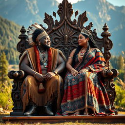 A stunning scene featuring a plus size beautiful Black Native American king and a plus-sized queen, both adorned in traditional and regal attire, sitting proudly next to each other on a magnificent ornate throne made of rich, dark wood and embellished with intricate carvings