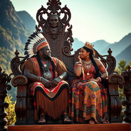 A stunning scene featuring a plus size beautiful Black Native American king and a plus-sized queen, both adorned in traditional and regal attire, sitting proudly next to each other on a magnificent ornate throne made of rich, dark wood and embellished with intricate carvings