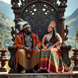 A stunning scene featuring a plus size beautiful Black Native American king and a plus-sized queen, both adorned in traditional and regal attire, sitting proudly next to each other on a magnificent ornate throne made of rich, dark wood and embellished with intricate carvings