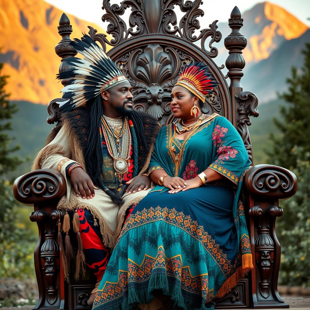 A stunning scene featuring a plus size beautiful Black Native American king and a plus-sized queen, both adorned in traditional and regal attire, sitting proudly next to each other on a magnificent ornate throne made of rich, dark wood and embellished with intricate carvings