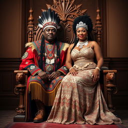 A plus size beautiful Black Native American king and a plus size queen sitting together on a magnificent throne