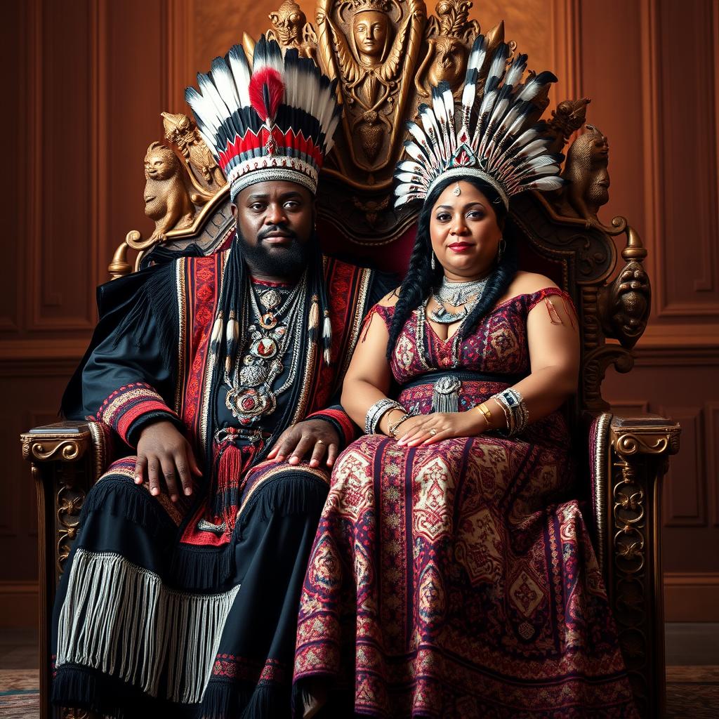 A plus size beautiful Black Native American king and a plus size queen sitting together on a magnificent throne