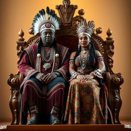 A plus size beautiful Black Native American king and a plus size queen sitting together on a magnificent throne