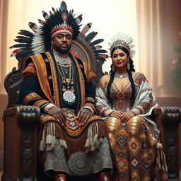 A plus size beautiful Black Native American king and a plus size queen sitting together on a magnificent throne
