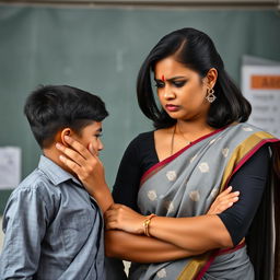 A 35-year-old beautiful Indian school teacher with a commanding presence, looking angrily at a young man